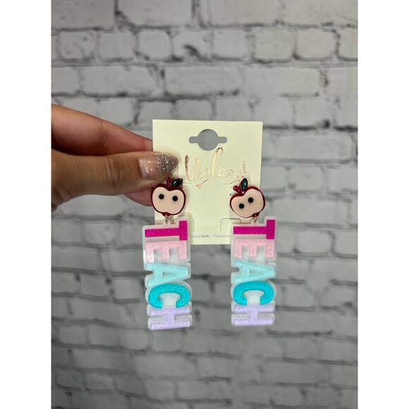 Gold-Tone "Teach" Acrylic Earrings - Picture 3 of 4